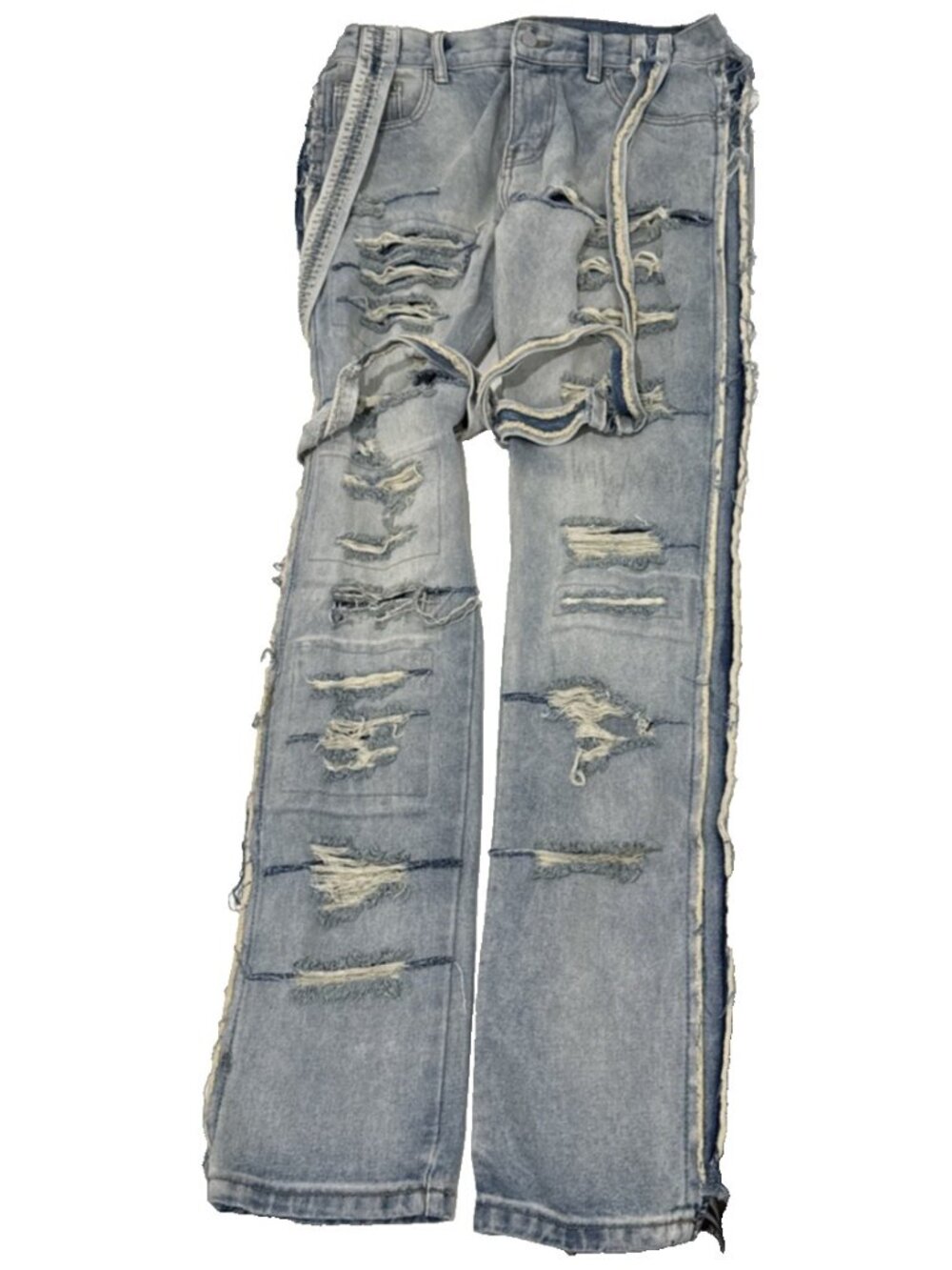mnml Streetwear Torn Ripped Shredded Flared Light Wash Jeans Mens Size 33X36